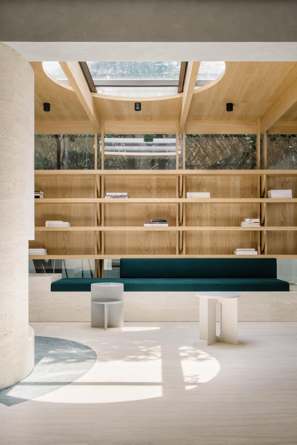 A living room with a bookshelf