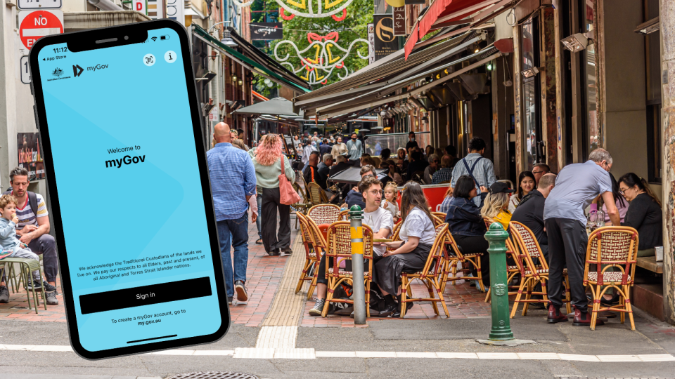 A composite image of people on a busy street in Melbourne and the myGov app as it appears on a smart phone.