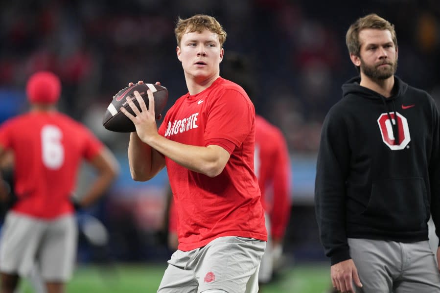 ARLINGTON, TEXAS – DECEMBER 29: Devin Brown #33 of the Ohio State Buckeyes warms-up prior to a game against the Missouri Tigers during the Goodyear Cotton Bowl at AT&T Stadium on December 29, 2023 in Arlington, Texas. (Photo by Sam Hodde/Getty Images)