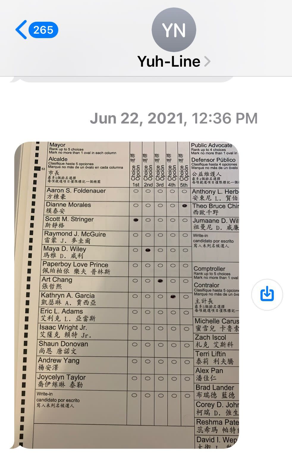 Yuh-Line Niou shared an image of her 2021 mayoral ballot.