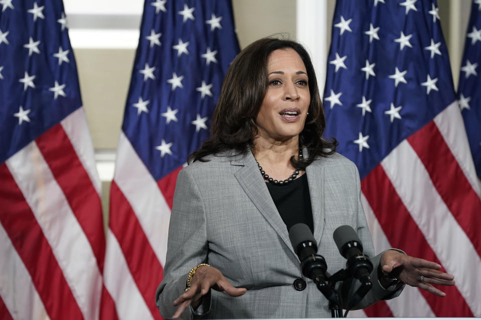 Democratic vice presidential candidate Sen. Kamala Harris, D-Calif., speaks at Shaw University during a campaign visit in Raleigh, N.C., Monday, Sept. 28, 2020. (AP Photo/Gerry Broome)