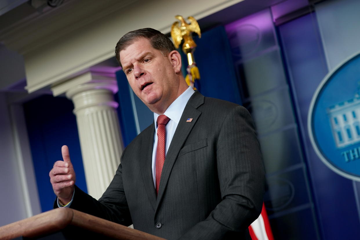 Secretary of Labor Marty Walsh speaks during a news conference at the White House in Washington, U.S. April 2, 2021. He says Build Back Better is just 