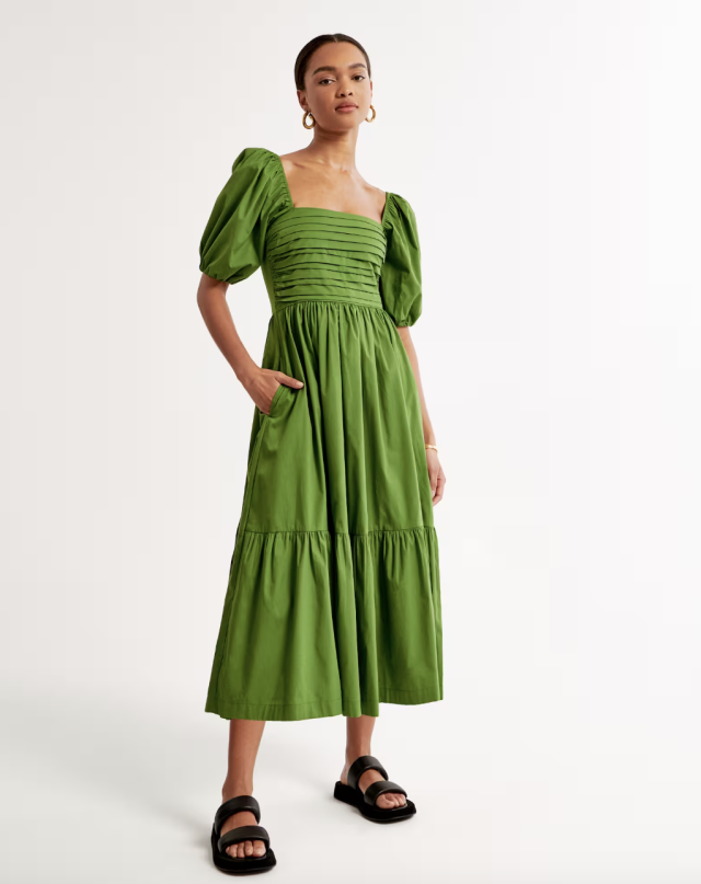 ZARA MIDI PUFF SLEEVE DRESS WIDE NECK APPLE GREEN