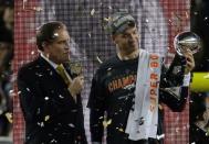 Feb 7, 2016; Santa Clara, CA, USA; Denver Broncos quarterback Peyton Manning (18) celebrates after defeating the Carolina Panthers in Super Bowl 50 at Levi's Stadium. Mandatory Credit: Kelley L Cox-USA TODAY Sports