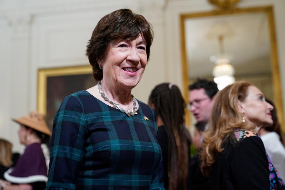 Sen. Susan Collins, R-Maine, departs after attending at an event to celebrate the reauthorization of the Violence Against Women Act in the East Room of the White House, on March 16, 2022, in Washington.