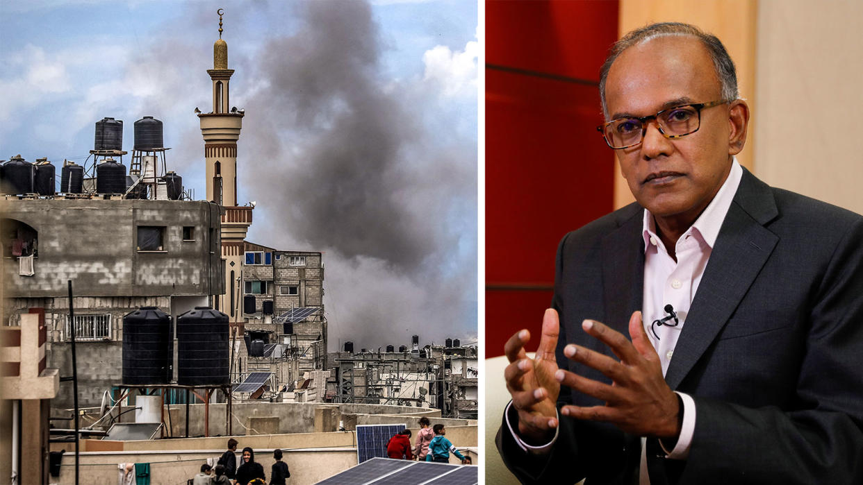 Shanmugam criticised the Israeli embassy in Singapore's Facebook post on Palestine. (Photos: AFP, Reuters)