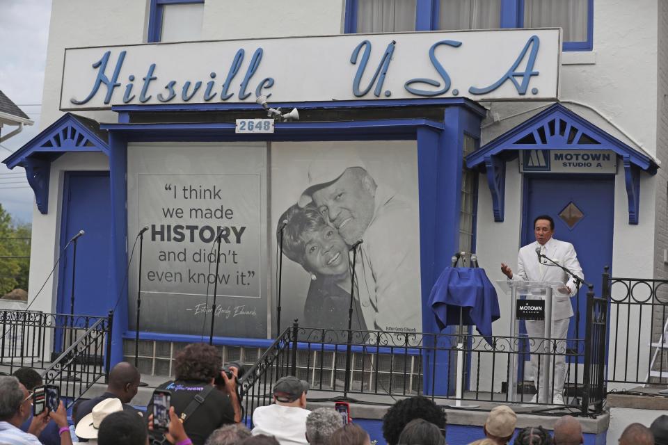 Smokey Robinson speaks about inspiration from the Motown family while addressing a crowd at the unveiling of expansion work at Detroit's Motown Museum on Monday, Aug. 8, 2022.