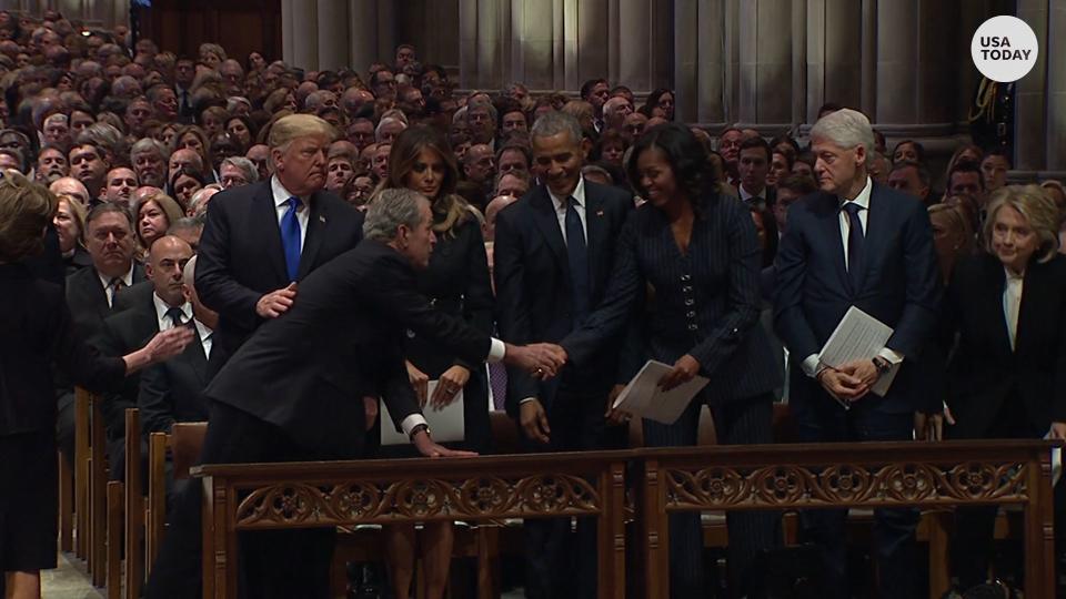 George W. Bush, Michelle Obama continue inside joke at funeral