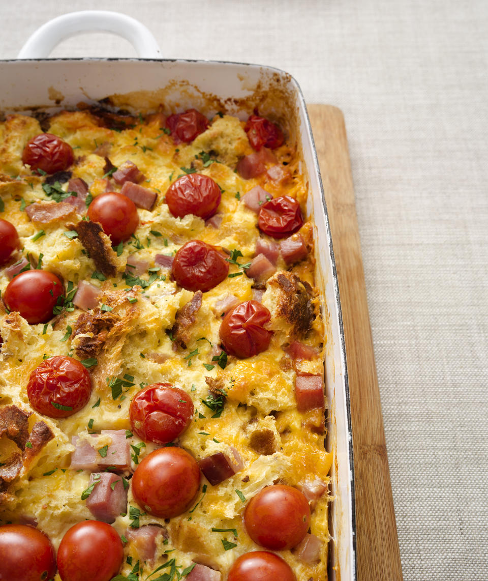 <p>Chop up the ingredients the night before, and it'll take you just 5 minutes to assemble this tasty breakfast casserole Christmas morning. <a href="https://www.realsimple.com/food-recipes/browse-all-recipes/tomato-ham-breakfast-casserole" rel="nofollow noopener" target="_blank" data-ylk="slk:get the recipe;elm:context_link;itc:0;sec:content-canvas" class="link ">get the recipe</a></p>