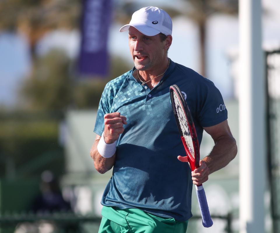 Tennys Sandgren celebrates a point win during his match against Trevor Svajda during the USTA Southern California Open at the Indian Wells Tennis Garden, Jan. 23, 2024.