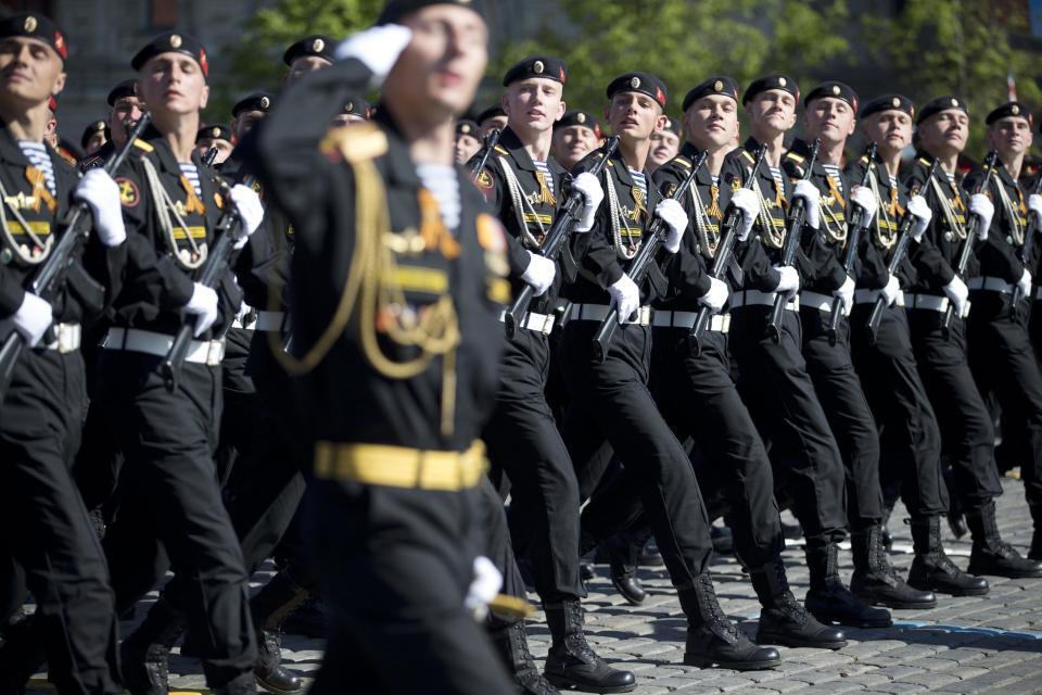 Russian troops march during the Victory Day Parade in Red Square in Moscow, Russia, Friday, May 9, 2014. Thousands of Russian troops marched on Red Square in the annual Victory Day parade in a proud display of the nation's military might amid escalating tensions over Ukraine. (AP Photo/Pavel Golovkin)