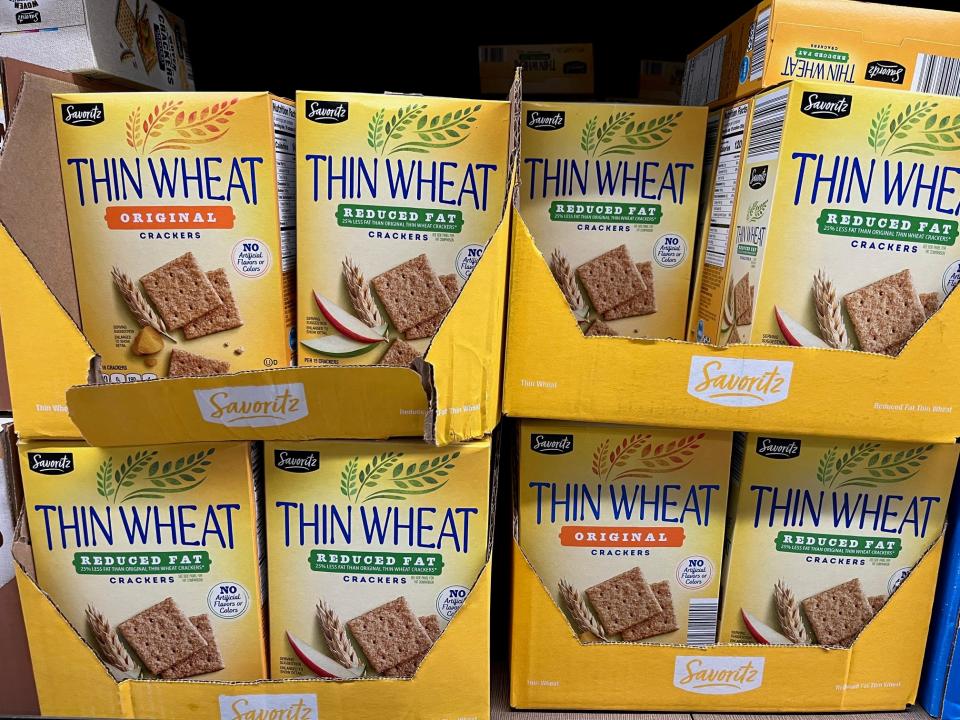 Boxes of Thin Wheat crackers at Aldi.