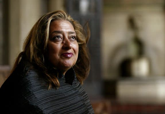 First woman to receive Pritzker Architecture Prize winner, Zaha Hadid, poses Sunday, March 14, 2004, in West Hollywood, Calif.