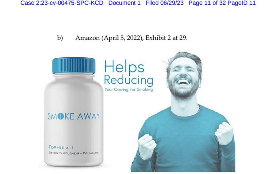 An example of a “Smoke Away” product advertisement, according to the complaint.