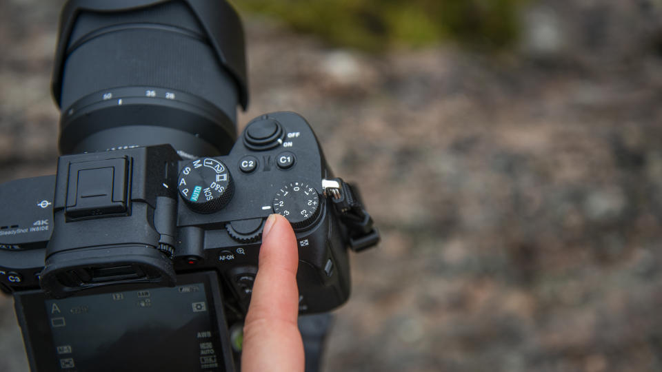 The top plate of the Sony A7 III showing the dials