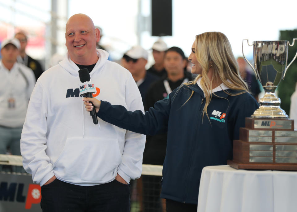 MESA, AZ - JANUARY 29: MLP Founder, Steve Kuhn, is interviewed by MLP sideline reporter, Kamryn Blackwood,  during the MLP Mesa Challenger League Championships at Legacy Sports USA on January 29, 2023 in Mesa, Arizona. (Photo by Bruce Yeung/Getty Images)