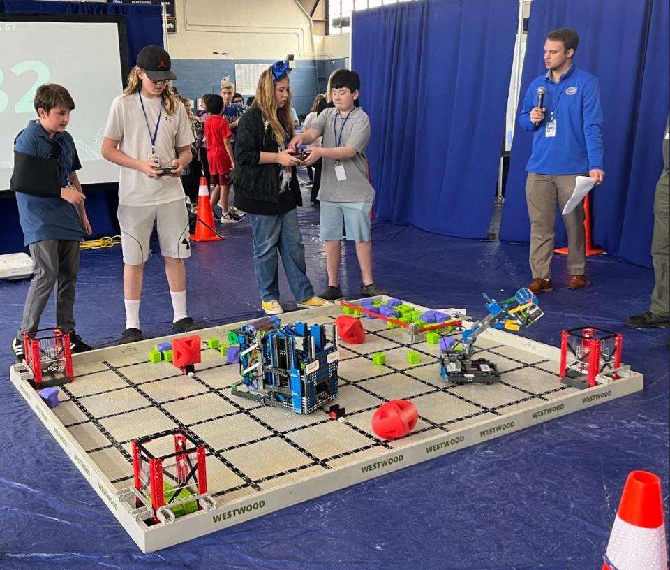 Students participate in the Alachua County Public Schools annual VEX Robotics Competition at Lincoln Middle School in Gainesville, Fla. on Feb. 15, 2024.