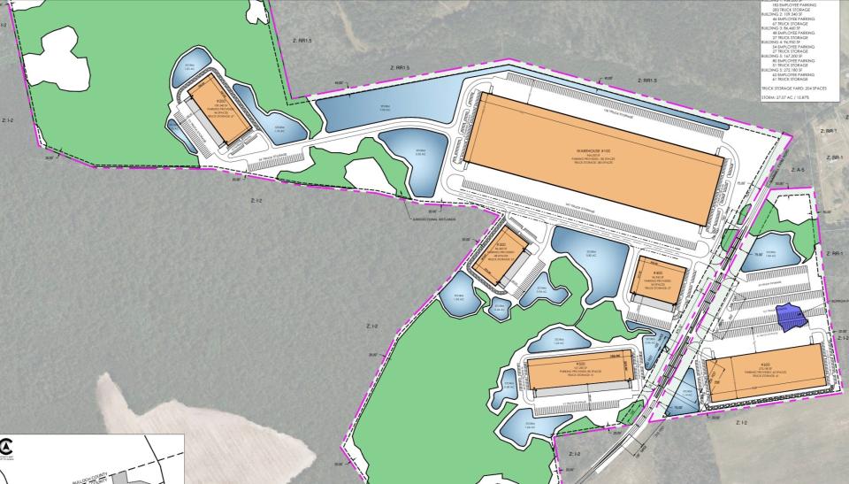 The rendering shows the proposed buildout of six warehouses in Ellabell.