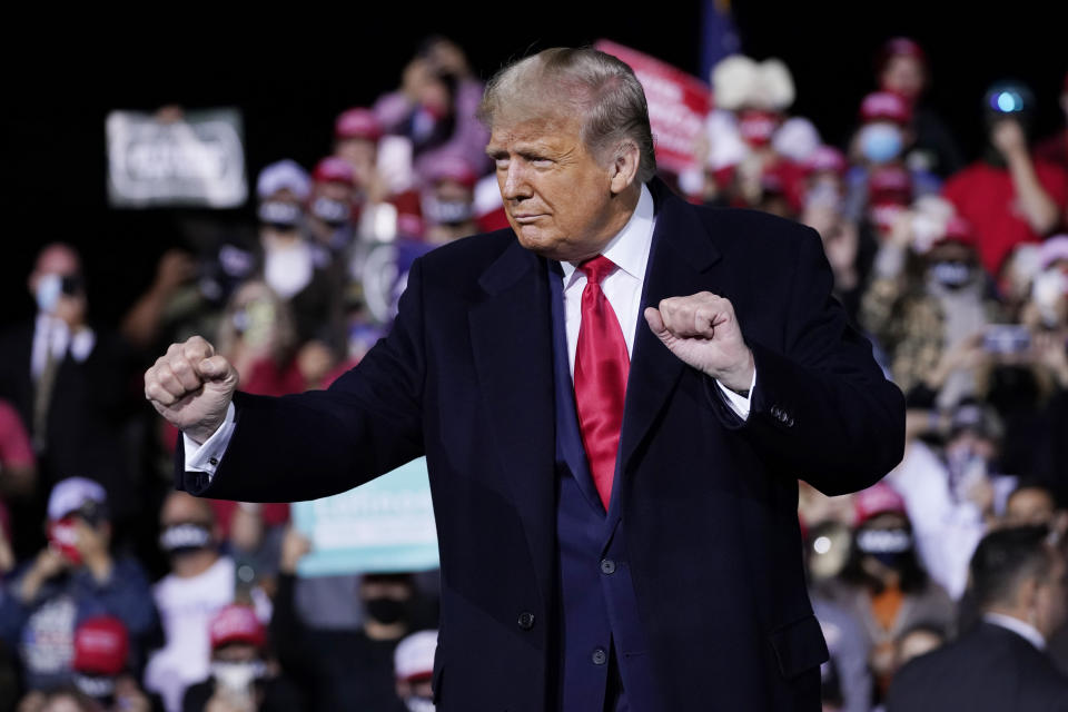 President Donald Trump wraps up his speech at a campaign rally at Fayetteville Regional Airport, Saturday, Sept. 19, 2020, in Fayetteville, N.C. (AP Photo/Evan Vucci