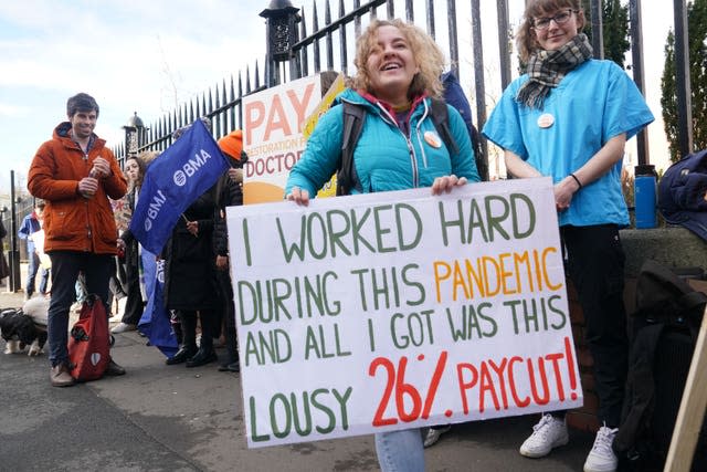 Striking NHS junior doctors on the picket line outside the Royal Victoria Infirmary in Newcastle