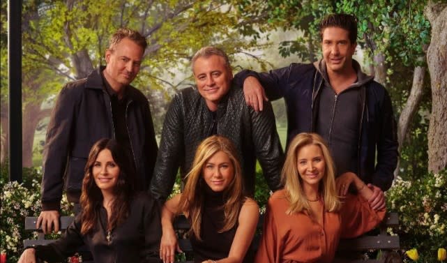 “Friends” stars Jennifer Aniston, Courteney Cox, Lisa Kudrow, Matt LeBlanc, Matthew Perry, and David Schwimmer return to the iconic comedy’s original soundstage, Stage 24, on the Warner Bros. Studio lot in Burbank for a real-life unscripted celebration of the beloved show.