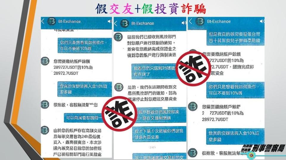 有民眾因在網路上交友誤信投資虛擬貨幣，慘遭詐騙近千萬元。（刑事局提供）