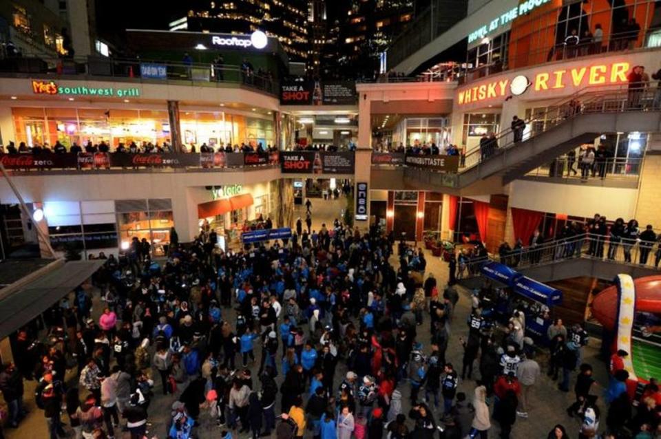 Crowds gather during a Friday night Bud Light Super Bowl Pep Rally in 2016 at the Epicentre in uptown Charlotte.