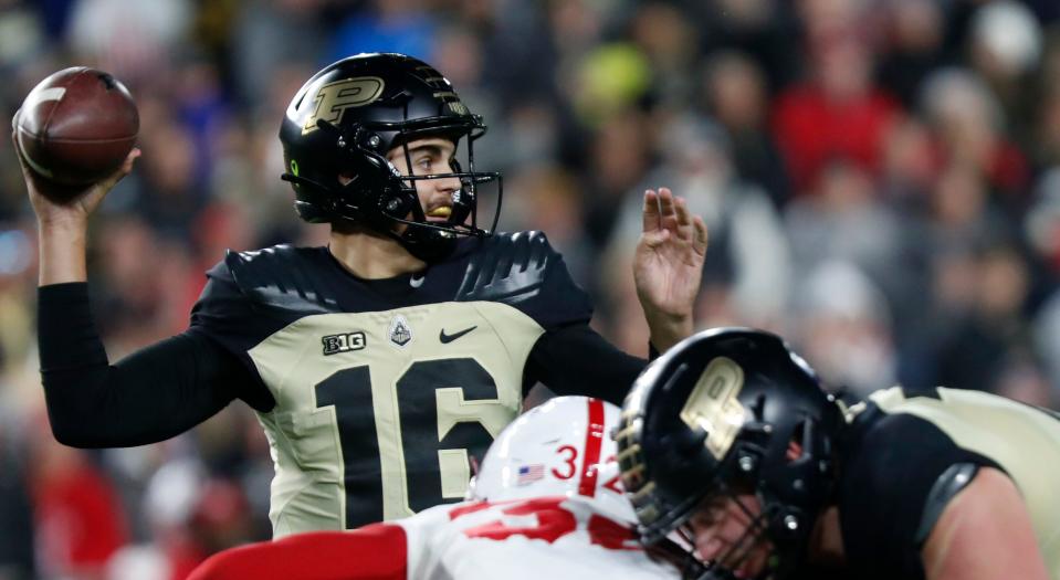 Purdue Boilermakers quarterback Aidan O'Connell (16) passes the ball during the NCAA football game against the Nebraska Cornhuskers, Saturday, Oct. 15, 2022, at Ross-Ade Stadium in West Lafayette, Ind. Purdue won 43-37.