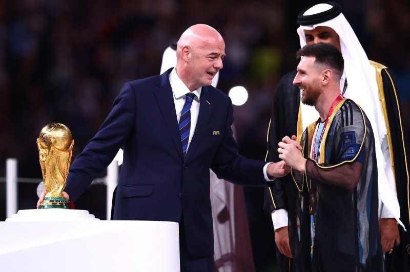 FIFA president Gianni Infantino (L) told reporters Wednesday that he wanted to stay positive after being asked about the governing body's role in ensuring federations accurately dispense prize money to their soccer players at the 2023 Women's World Cup. File Photo by Chris Brunskill/UPI