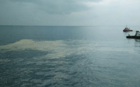 An oil slick where Lion Air flight JT 610 reportedly crashed into the sea off the coast of Indonesia's Java island - Credit: AFP