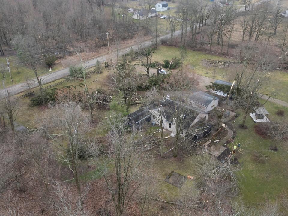 Feb 28, 2024; Pataskala, Ohio, USA; Drone footage shows the path of a potential tornado as it passed over Pataskala shearing off trees and causing damage to numerous properties.