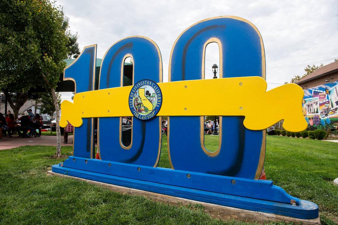 A large display celebrating the City of Livingston’s 100 year anniversary sits on the lawn next to the Livingston Historical Museum during the city’s centennial celebration in Livingston, Calif., on Sunday, Sept. 11, 2022.