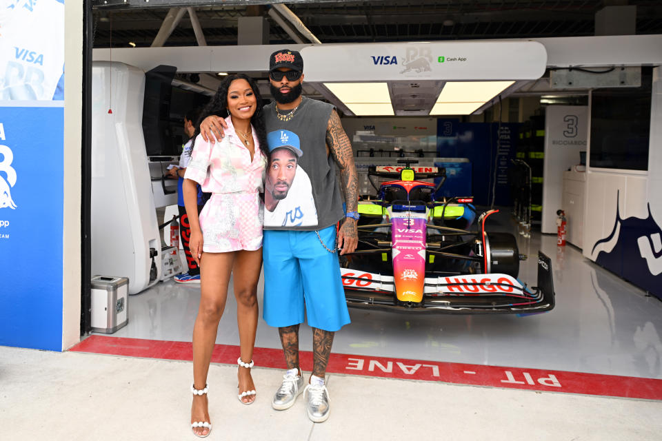 MIAMI, FLORIDA - MAY 05: Odell Beckham Jr and Keke Palmer in the pitlane prior to the F1 Grand Prix of Miami at Miami International Autodrome on May 05, 2024 in Miami, Florida. (Photo by Rudy Carezzevoli/Getty Images)