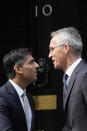 FILE - Britain's Prime Minister Rishi Sunak, left, meets NATO Secretary General Jens Stoltenberg at 10 Downing Street in London, Nov. 9, 2022. In his first month as Britain's prime minister, Rishi Sunak has stabilized the economy, reassured allies from Washington to Kyiv and even soothed the European Union after years of sparring between Britain and the bloc. But Sunak’s challenges are just beginning. He is facing a stagnating economy, a cost-of-living crisis – and a Conservative Party that is fractious and increasingly unpopular after 12 years in power. (AP Photo/Frank Augstein, File)