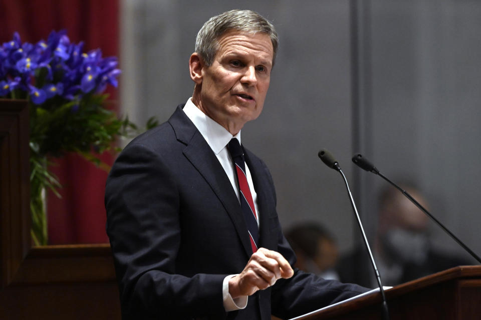 FILE -Tennessee Gov. Bill Lee delivers his State of the State address in the House Chamber of the Capitol building, Monday, Jan. 31, 2022, in Nashville, Tenn. lection security experts for years have urged states to replace outdated voting machines. They say systems that include a paper record of every ballot cast would mean that any disputed results can be verified. Most took that path, but six states did not, five of them Republican-led. But with false claims still swirling around the 2020 presidential election, some GOP voters don't trust voting machines. (AP Photo/Mark Zaleski, File)