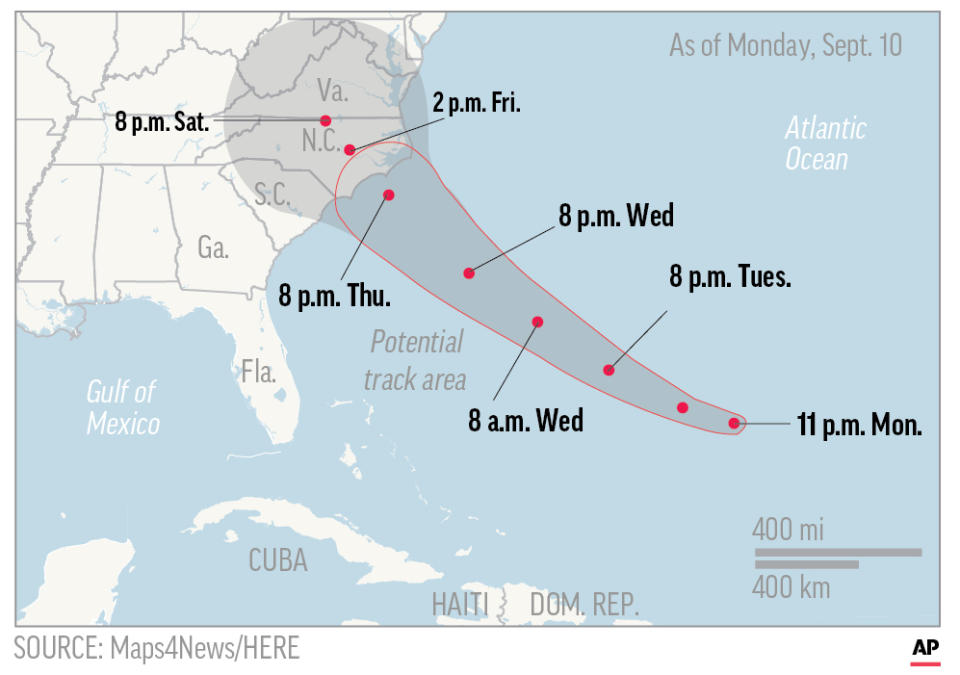 Map shows probable path of Hurricane Florence. ; 1c x 3 inches; 46.5 mm x 76 mm;