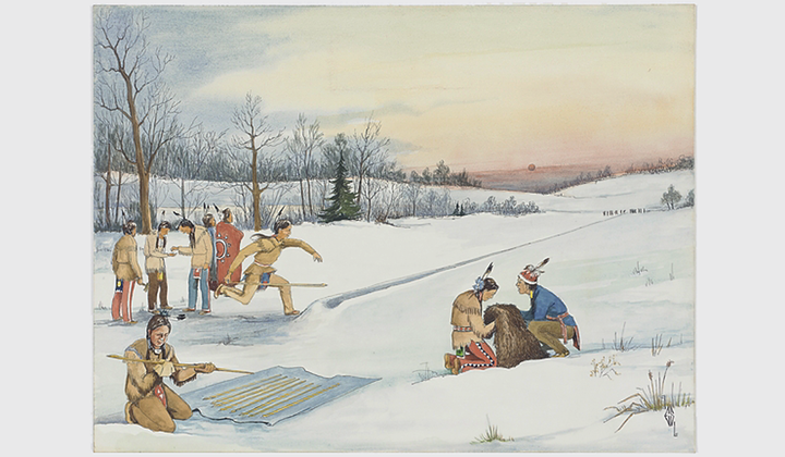 “The Snow Snake Game,” by Ernest P. Smith (Seneca, 1907–1975). Tonawanda Reservation, New York. Indian Arts and Crafts Board Headquarters Collection, Department of the Interior, at the National Museum of the American Indian. 26/2224