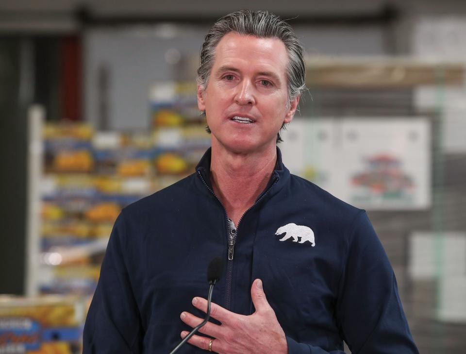 California Gov. Gavin Newsom speaks during a press conference in Coachella, Calif., on Feb. 17, 2021.