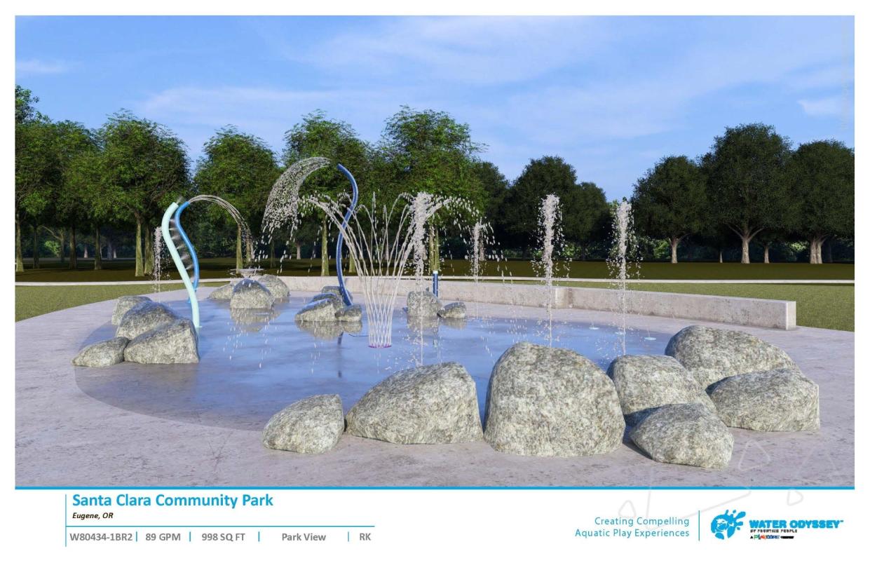 A rendering of the Spray Play feature planned for the Santa Clara Community Park exemplifies the intention of developing exceptional park systems across Eugene to better serve communities of all ages, abilities, interests and locations.