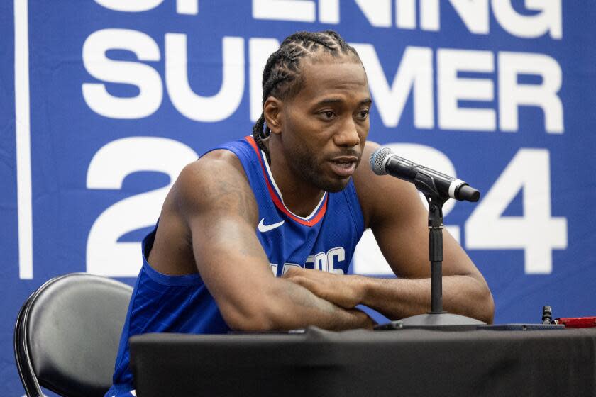 Playa Vista, CA - October 02: Kawhi Leonard answers questions at the LA Clippers media day on Monday, Oct. 2, 2023 in Playa Vista, CA. (Jason Armond / Los Angeles Times)