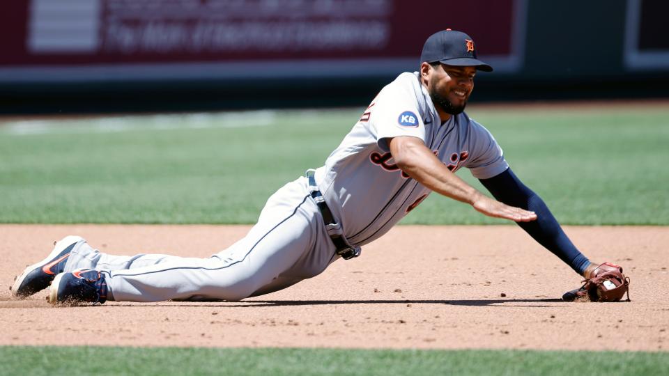 Tigers third baseman Jeimer Candelario fields a ground ball, hit by Royals' Vinnie Pasquantino during the fifth inning in Kansas City, Mo., Wednesday, July 13, 2022. Pasquantino was thrown out at first on the play.