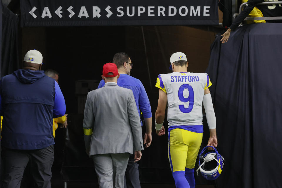 Los Angeles Rams quarterback Matthew Stafford leaves the field in the second half of an NFL football game against the New Orleans Saints in New Orleans, Sunday, Nov. 20, 2022. (AP Photo/Butch Dill)