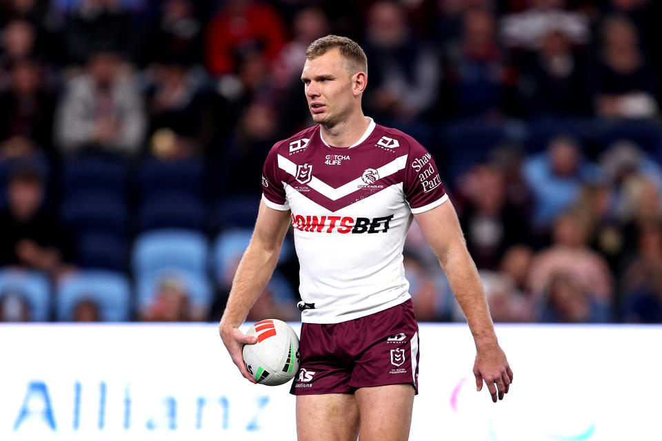 SYDNEY, AUSTRALIA - JULY 27: Tom Trbojevic of the Sea Eagles warms up prior to the round 21 NRL match between Sydney Roosters and Manly Sea Eagles at Allianz Stadium, on July 27, 2024, in Sydney, Australia. (Photo by Brendon Thorne/Getty Images)