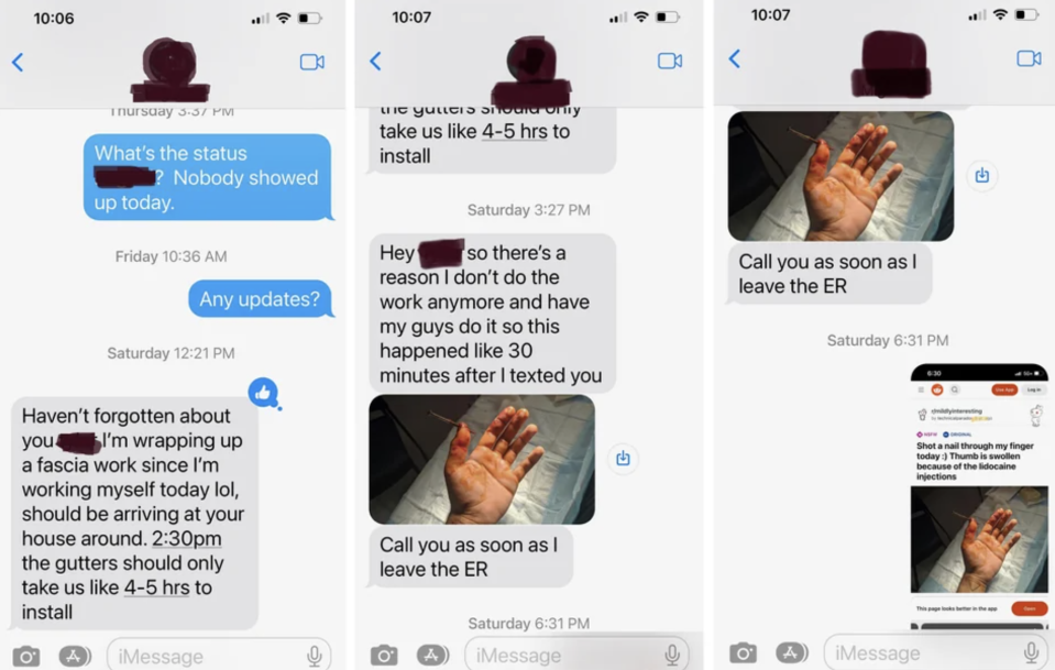 Text message exchange showing someone's hand injured, asking to take the day off work for recovery