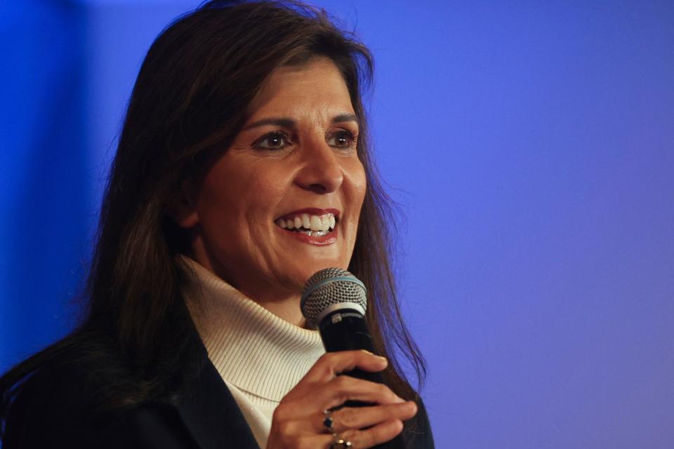 Republican presidential candidate Nikki Haley is pictured speaking at a campaign event in Portland, Maine.