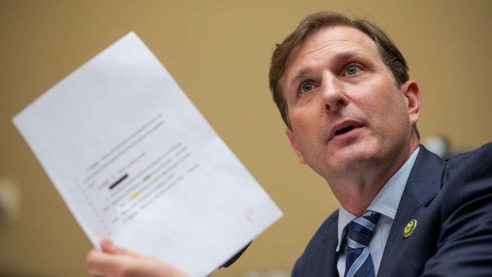 PHOTO: Rep. Dan Goldman, a Democrat from New York, raises a motion to enter a document into the record with unanimous consent during a House Oversight and Accountability Committee hearing in Washington, D.C., Sept. 28, 2023. (Anna Rose Layden/Bloomberg via Getty Images)