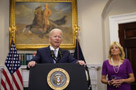 President Joe Biden with first lady Jill Biden delivers remarks before signing into law S. 2938, the Bipartisan Safer Communities Act gun safety bill in a ceremony in the Roosevelt Room of the White House in Washington, Saturday, June 25, 2022. (AP Photo/Pablo Martinez Monsivais)