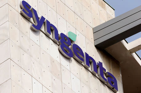 The logo of Swiss agrochemicals maker Syngenta is seen at its headquarters in Basel, Switzerland July 22, 2016. REUTERS/Arnd Wiegmann