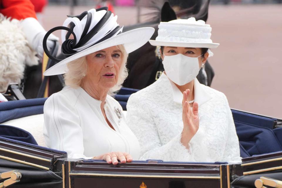 <p>Jonathan Brady - WPA Pool/Getty </p> Queen Camilla and Empress Masako at the ceremonial welcome for the Japanese state visit on June 25, 2024 in London.