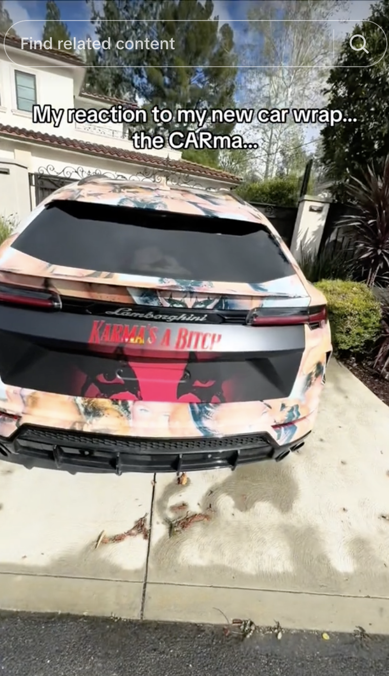 Car wrapped with "KARMA'S A BITCH" and images, person’s reaction to it